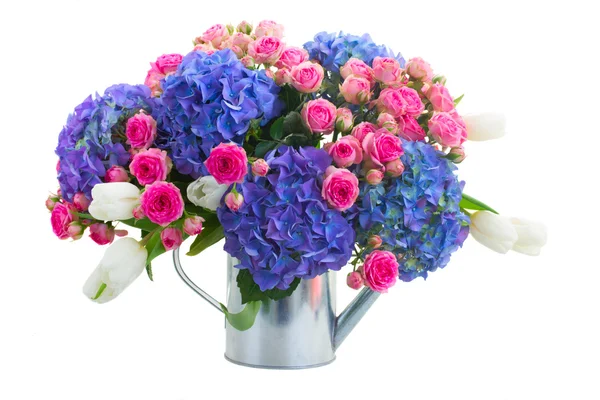 Boquet of white tulips, pink roses and blue hortensia flowers — Stock Photo, Image