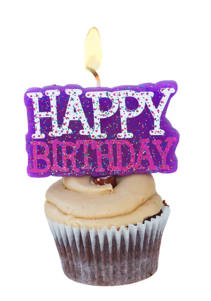 Cupcake con candela buon compleanno — Foto Stock
