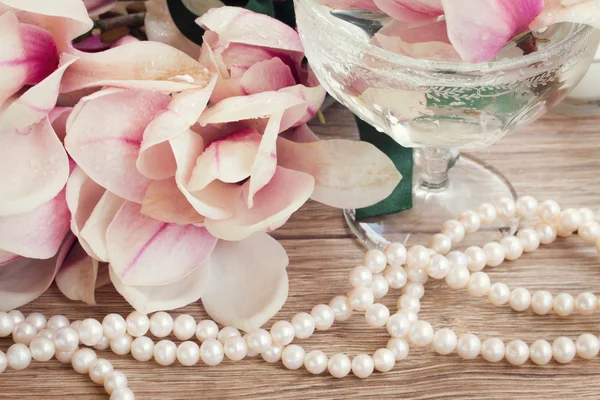 Magnolia flores con perlas — Foto de Stock