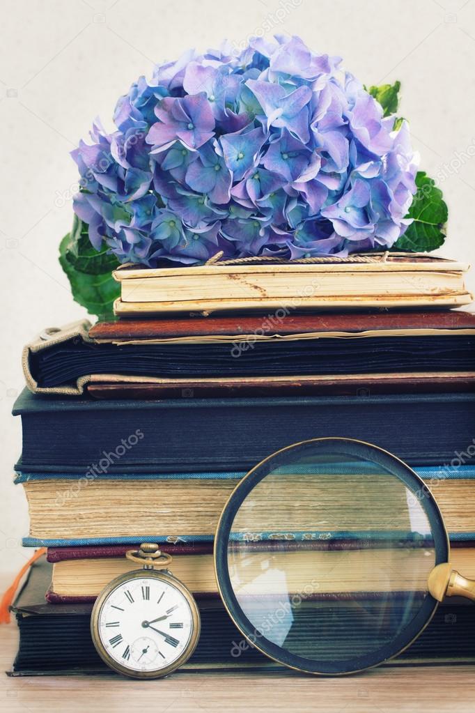 pile of old books with flowers and looking glass
