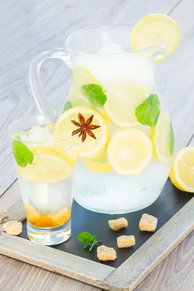 Jar of lemonad with tall glass — Stock Photo, Image