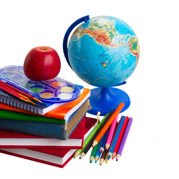 Cărți cu aprovizionare școlară și glob — Fotografie, imagine de stoc