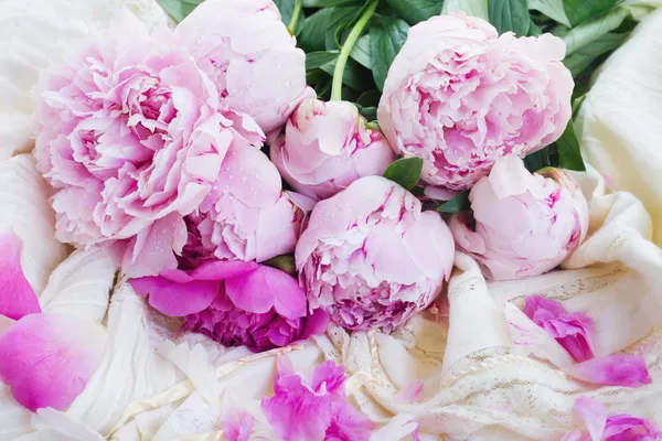 Pivoines roses et robe de mariée blanche — Photo