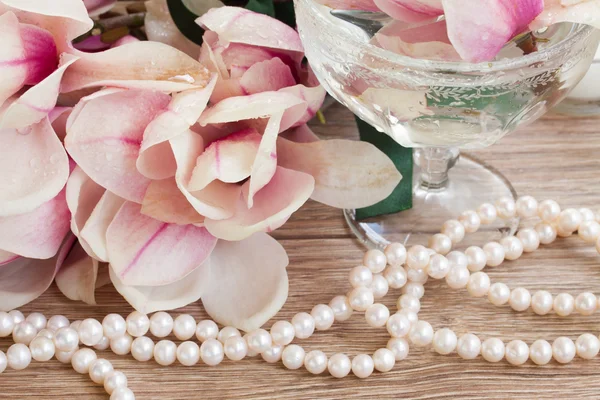 Magnolia flores con perlas — Foto de Stock