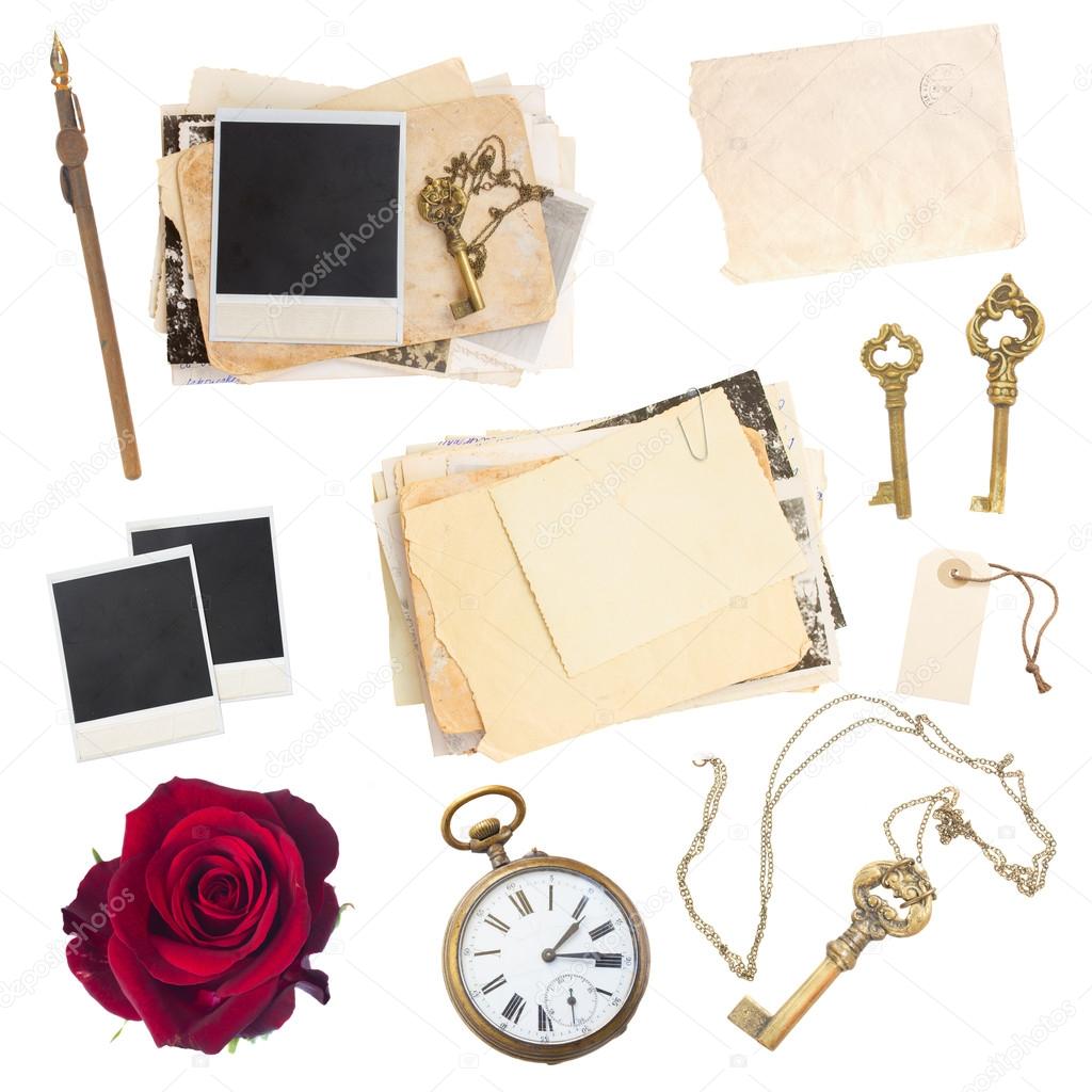 set of  old paper sheets, photos, antique clock and keys