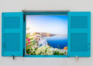 Şehir deniz aşırı, Caldera, Santorini Adası, Yunanistan, pencereden manzaralı