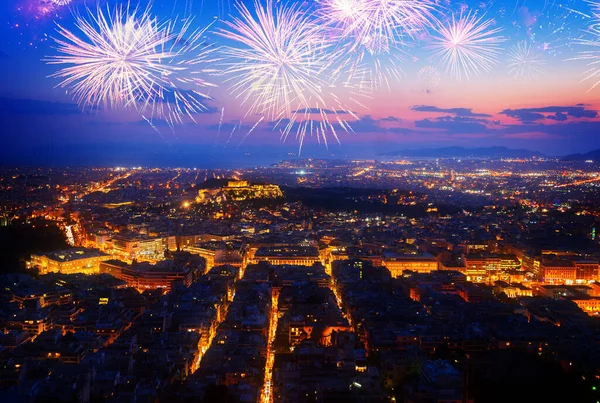 Panoramisch Stadsgezicht Van Athene Met Acorpolis Heuvel Zee Nachts Met — Stockfoto