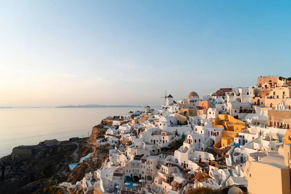 Naplemente Oia Falu Felett Santorini Sziget Görögország — Stock Fotó