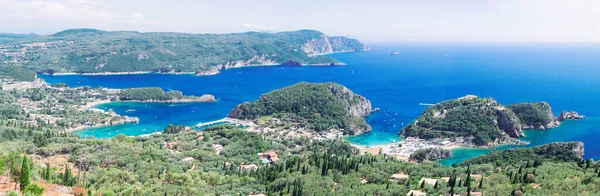 View Paleokastritsa Beach Bay Korfu Greece Web Banner Panorama Format — Stock Photo, Image