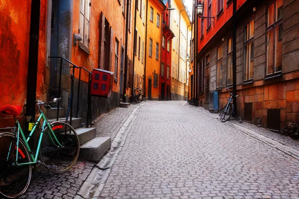 Uitzicht Oude Stad Smalle Kronkelende Straat Stockholm Oude Stad Zweden — Stockfoto