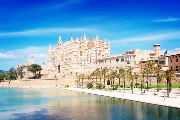 西班牙马约尔卡首府帕尔马德马约尔卡的老大教堂和堤岸 巴利阿里群岛 — 图库照片