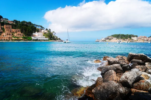 Plaża Port Soller Czystą Wodą Majorka Lecie Stonowana — Zdjęcie stockowe