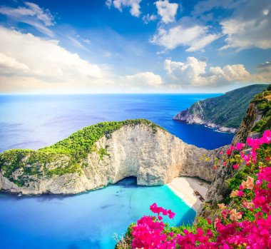 Navagio plajı, çiçekli Zakinthos adasının ünlü lanscape,Yunanistan