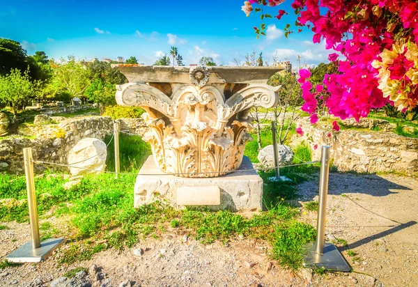 Restos Columna Orden Clásico Corintio Con Flores Ágora Antigua Atenas —  Fotos de Stock