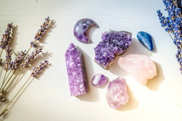 Healing crystals on brown background