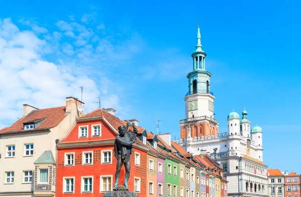 Fontana Nettuno Dettagli Della Vecchia Piazza Del Mercato Poznan Durante — Foto Stock