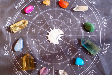 Gemstone 'lar zodyak işaretleri çemberi için, mineraller de hayat çiçekleri için. Reiki Kristal Ayini için Sihirli Şifa Kayası, Büyücülük, Ruhsal Ezoterik Uygulama