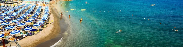 Summer Atrani Beach Blue Umbrellas Sea Water Italy Web Banner — Stock Photo, Image