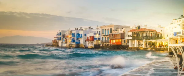 Lettle Benátky Nábřeží Ostrově Mykonos Řecko Sluncem Web Banner Formát — Stock fotografie