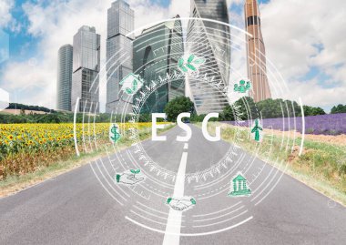 ESG çevre, sosyal ve yönetim kavramı. ESG şeması, şehir ve doğanın yanlış imajı, çevrenin sürdürülebilir organizasyonel gelişimi, toplum ve kurumsal yönetim üzerine