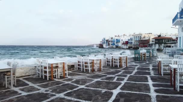 Café Tisch Meer Auf Der Insel Mykonos Griechenland Sommer — Stockvideo