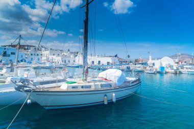 Yunanistan 'ın Paros Adası' ndaki balıkçı tekneleri ve yatları