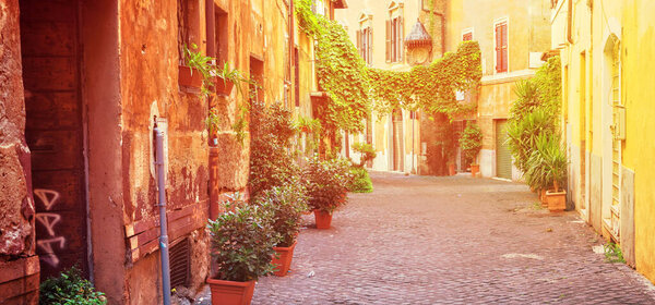 View of old town italian street in Trastevere with sunshine, Rome, Italy, web banner