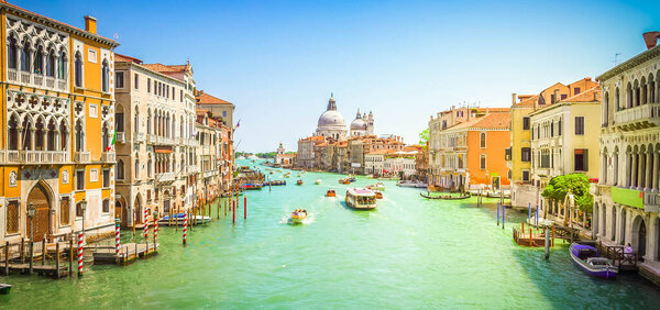 Grand canal cityscape with Basilica Santa Maria della Salute, Venice, Italy, web banner
