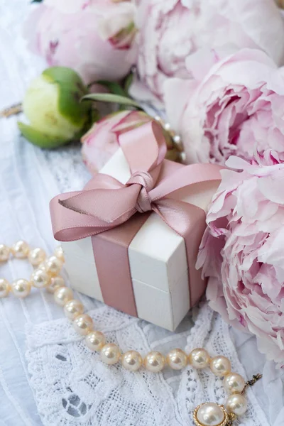 Fresh Peonies Flowers Lace Background Gift Box Close View Summer — Foto de Stock