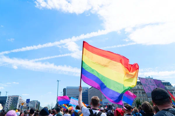 Gay Pride Parade View Rainbow Lgbt Flags People City Background — Stockfoto