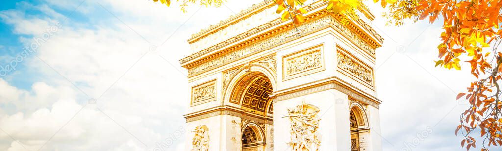 Arc de Triomphe at day, Paris, France at fall, web banner