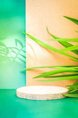 Minimum modern ürün podyumu, yeşil ve desenli kahverengi arka plan, ahşap podyum, palmiye yaprakları ve güneş ışığıyla örtülü gölgeli.