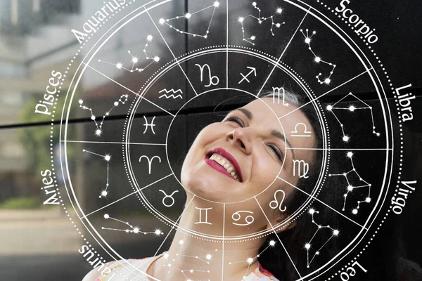 Horoscope Chart Astrology Signs Portrais 40S Pretty Smiling Woman Grey — Stok fotoğraf