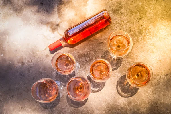 Pink Wine Glasses Bottle Top View Wine Testing Concept Shadows — Stock fotografie