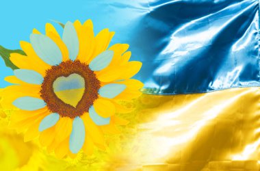 Mavi gökyüzünün altında Ukrayna bayrağıyla Ukraniane 'in sembolü