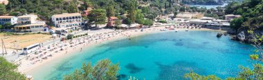Paleokastritsa beach bay on Korfu, view from above, Greece, web banner format