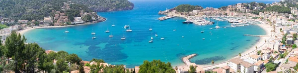 Lindas Paisagens Maiorca Espanha Vista Porto Port Soller Com Telhados — Fotografia de Stock