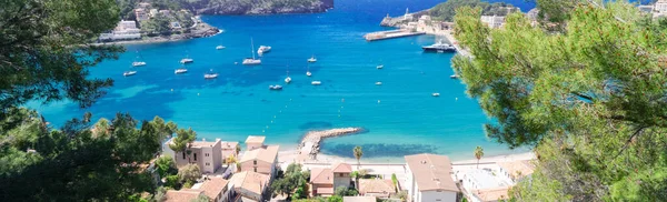 Port Soller Limanının Çatı Manzarası Mallorca Yazın Spanya Web Pankart — Stok fotoğraf