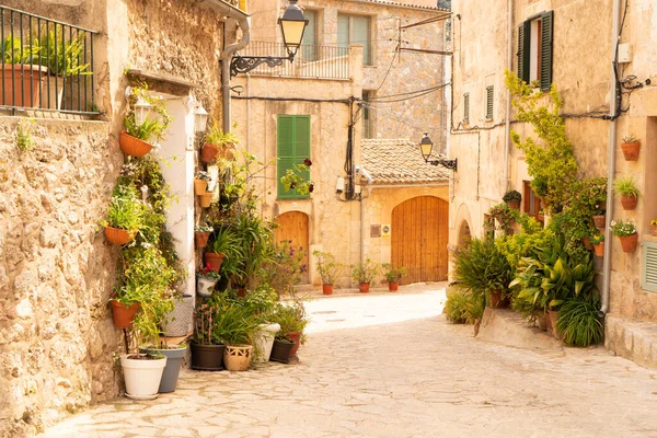 Jalan Kota Tua Valdemossa Dengan Pot Bunga Tradisional Mallorca Spanyol — Stok Foto