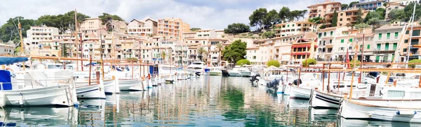 View Port Soller Harbour Ships Mallorca Web Banner Format — Zdjęcie stockowe