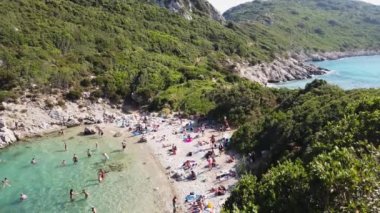 itablishing shot of Timoni beach and Ionian sea on Korfu, Greece, panoramic shot