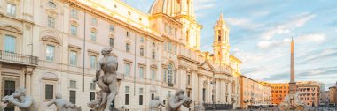 panoramic view of Piazza Navona in Rome with ancient fountain, Italy, web banner format
