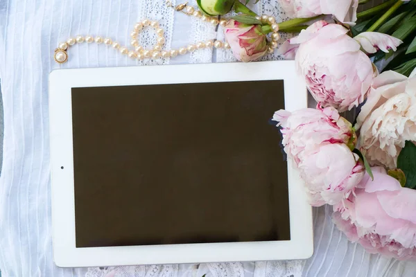 Fresh Peonies Flowers Lace Background Top View Summer Background Mock — Stockfoto