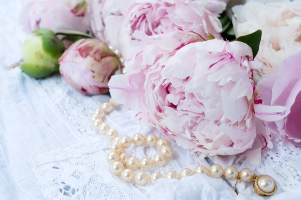 Fresh Peonies Flowers Lace Background Close View Summer Background — Stockfoto