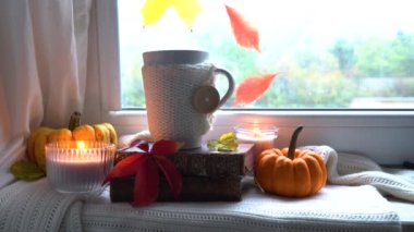 thansgiving fall cozy home concept, mug with warm dring on the window