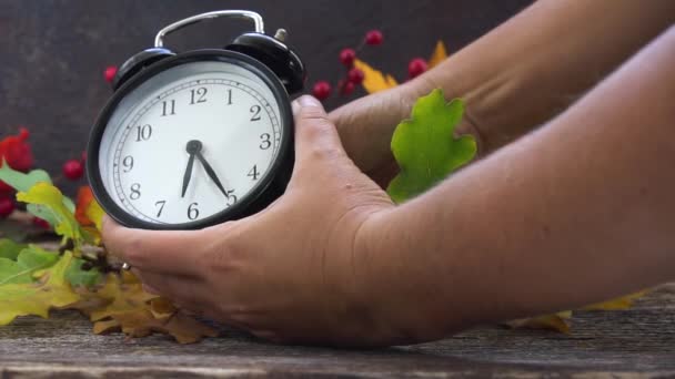 Autumn Time Someones Hands Changing Time One Hour Back Alarm — Stock Video