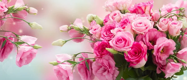 Bunch Pink Roses Eustoma Flowers Copy Space Blue Bokeh Background — Stockfoto