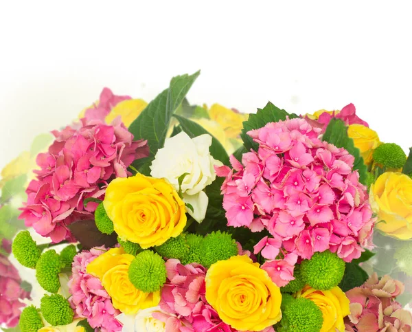 Bunch Pink Hortensia Flowers Roses Mums White Background — Zdjęcie stockowe