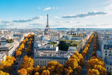 panoramic view of famous Eiffel Tower landmark and Paris boulevard streets at fall, Paris France
