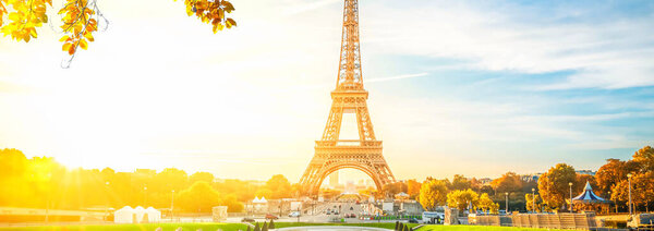Eiffel Tower from Trocadero at autumn sunrise, Paris, France, web banner format